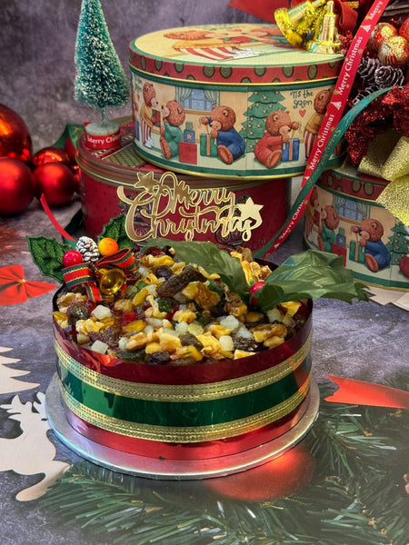 Traditional Rich Fruit Cake in Festive Tin