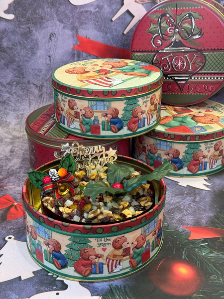 Traditional Rich Fruit Cake in Festive Tin